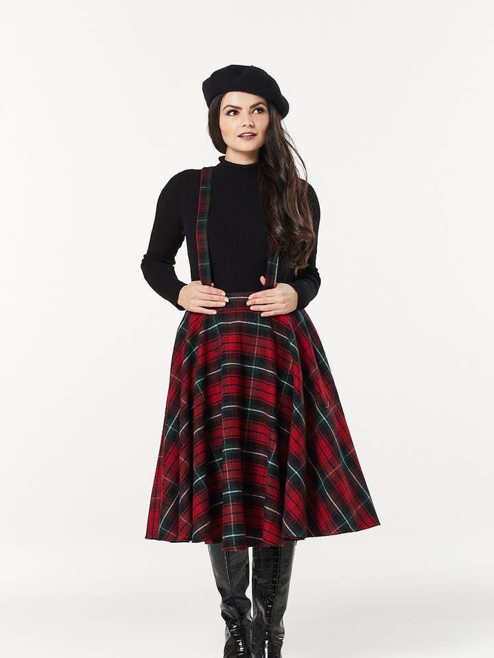 Sophie Red & Dark Green Woollen CheckTartan Midi Swing Skirt for wholesale by Timeless London