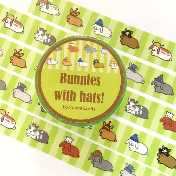 Bunnies with Hats Washi Tape 15mm x 10m for wholesale by Fubini Crafts