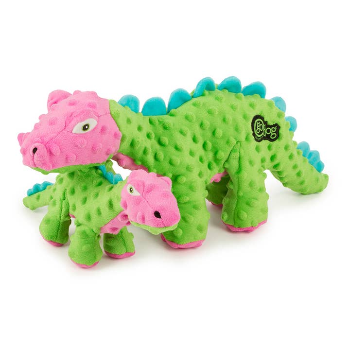 Pet Palette Distribution - Wholesale Pet Plush Toy - Dog - goDog Dino Spike w/Chew Guard Green/Pink Plush Dog Toy Small