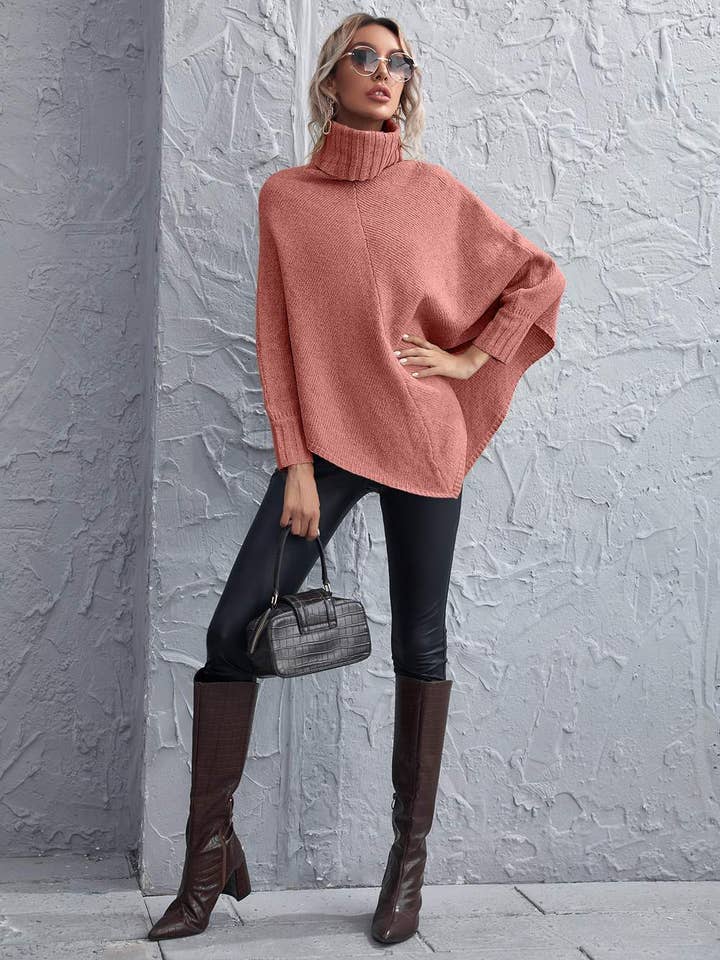 Flarix - Wholesale Knit Sweater - Women's - turtleneck asymmetrical hem poncho sweater6
