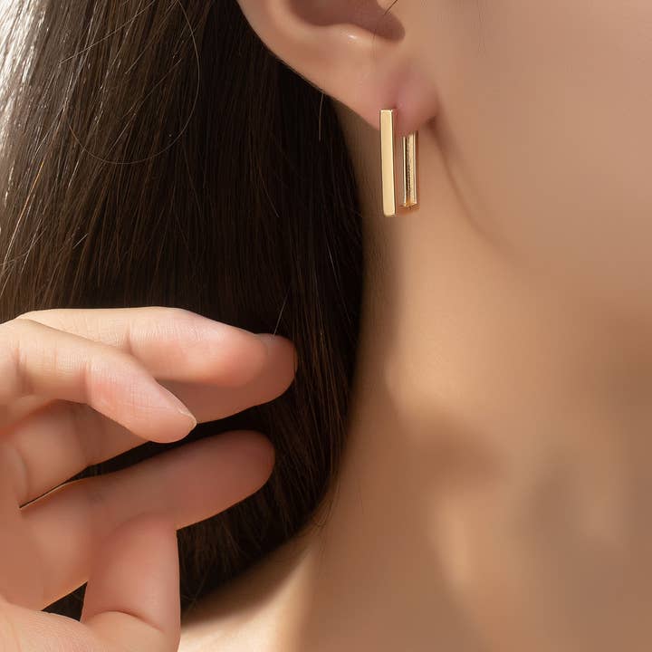 Brass rectangle huggie hoop earrings for wholesale by Love, Kuza
