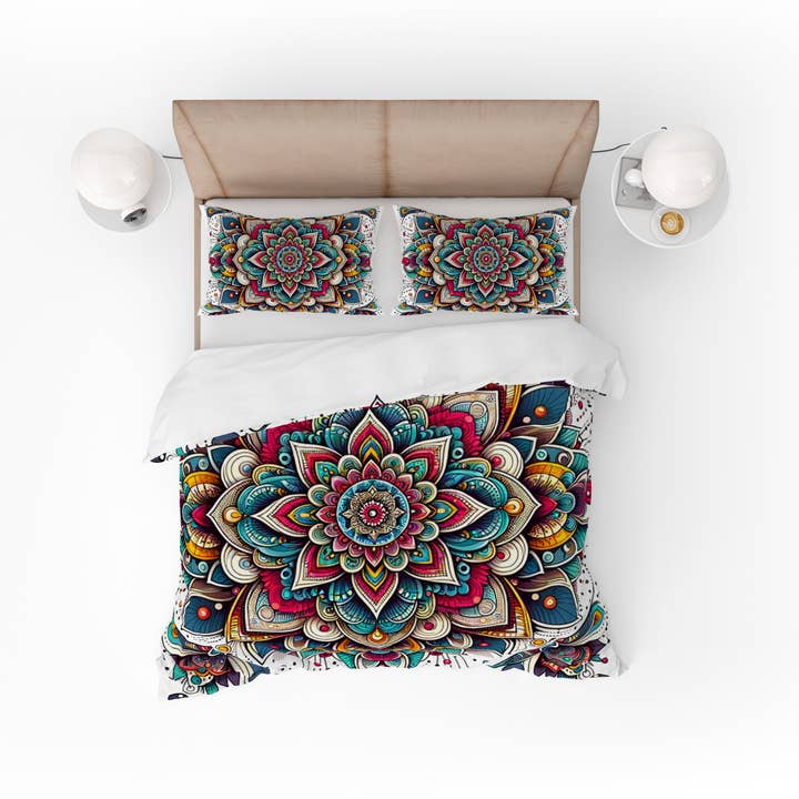 Conjunto de capa de edredão com capa de edredão reversível mandala indiana branca por atacado de Adore India