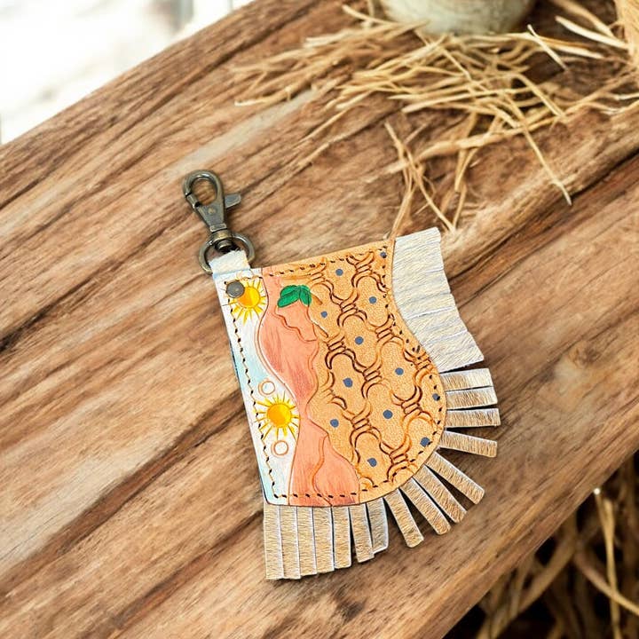 Sun Fringe Cowhide & Tooled Keychain for wholesale by Western Linens