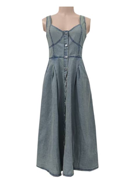 Rosa Clothing - Wholesale Dress - Women's - Women Button Down Jean Midi Dress with Pockets0