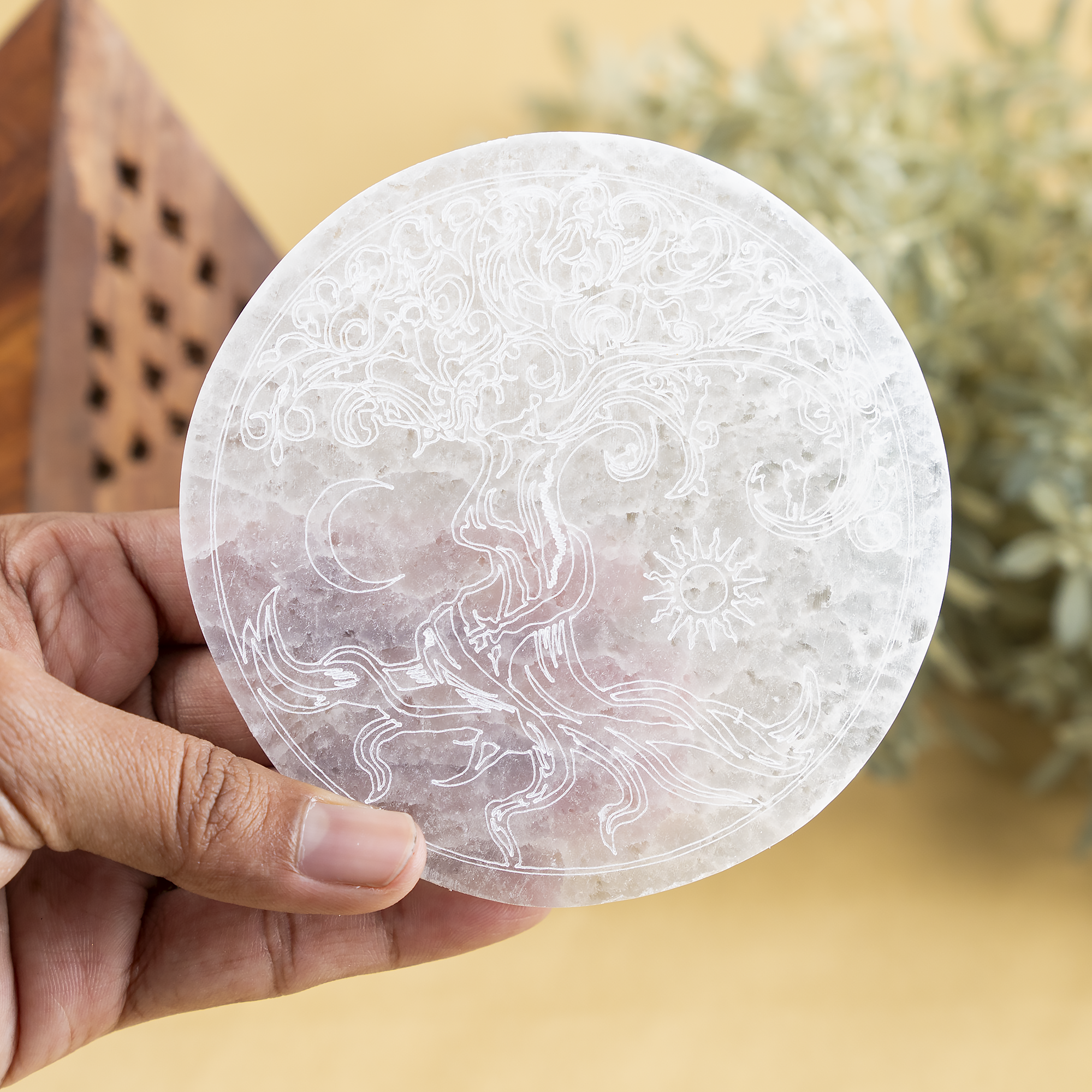 Soothing Crystals - Wholesale Crystal Charging Plate -  4" Selenite Plate | Tree of Life Moon & Sun Selenite Plate4