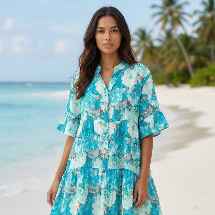 LOFDTF Italian One Size Turquoise Floral Tiered Dress for wholesale by LOOWIE