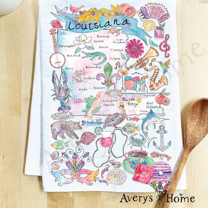 Louisiana State Map Souvenir Mardi Gras Tea Towel for wholesale by Avery's Home