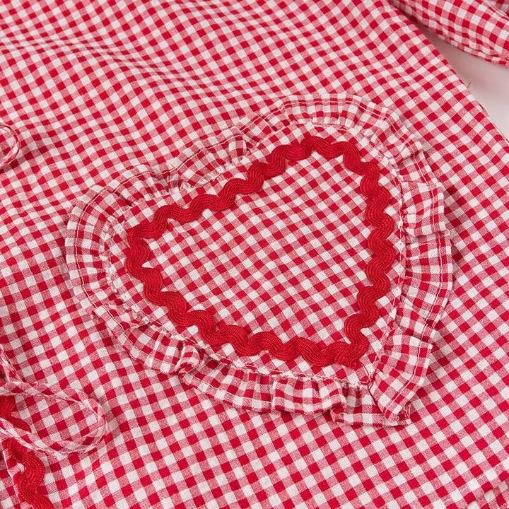 Rosa Clothing - Wholesale Blouse - Women's - Ric Rac heart-inspired patching Gingham tie front blouse