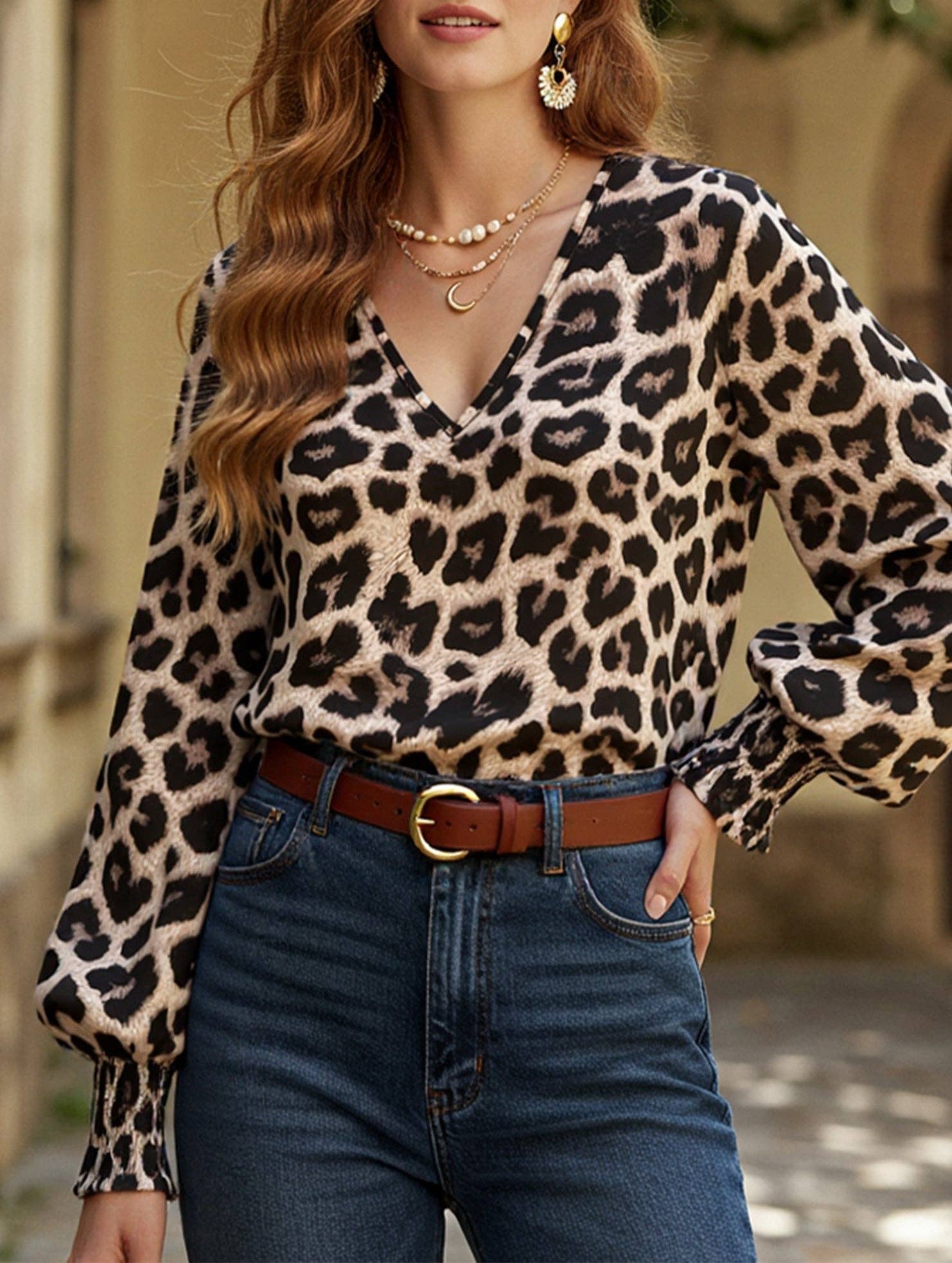 COFFEE V-neck leopard print loose long-sleeved shirt for wholesale on Faire0
