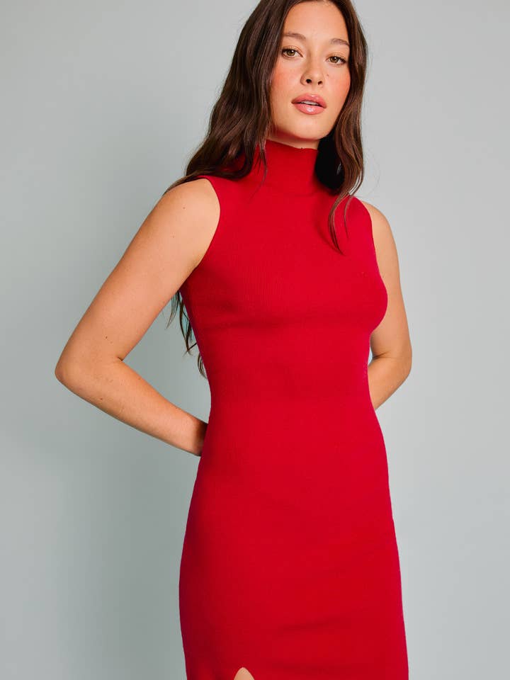 LE LIS - Wholesale Dress - Women's - MOCK NECK SLEEVELESS SLIT KNIT DRESS