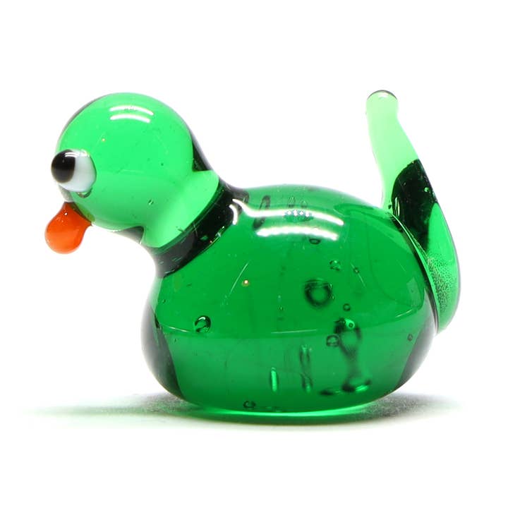 Green Transparent Glass Duck Miniature Ornament, Plant Dec for wholesale by Joy McMillan Glass