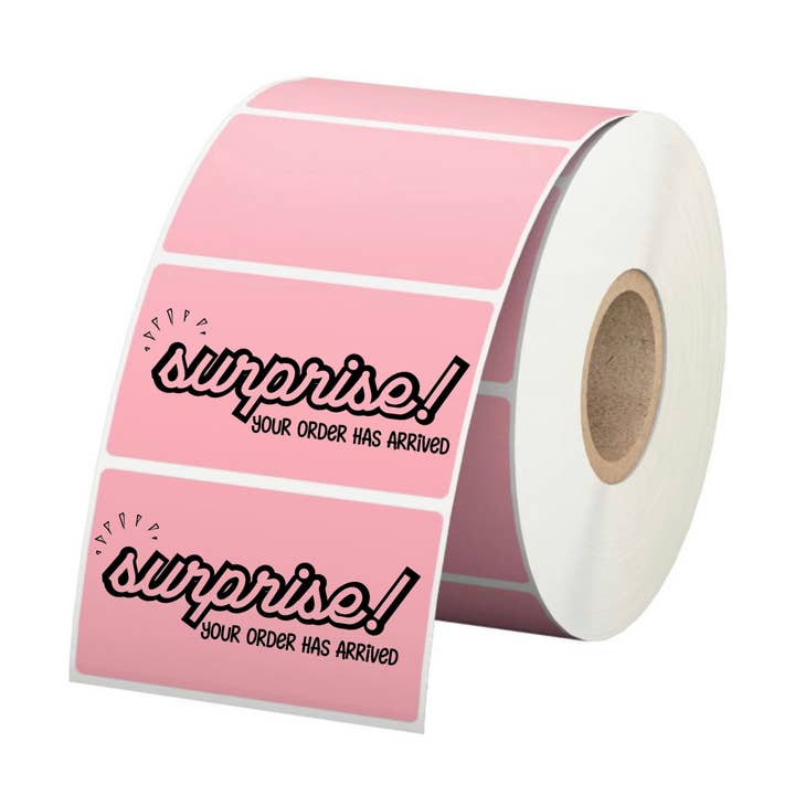 500 "Surprise, your order has arrived" packaging label for wholesale by Unknown Designs