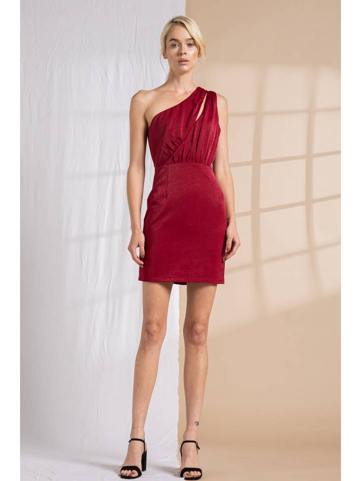 LENA - Wholesale Dress - Women's - Satin Cutout One Shoulder Pleats Mini Dress