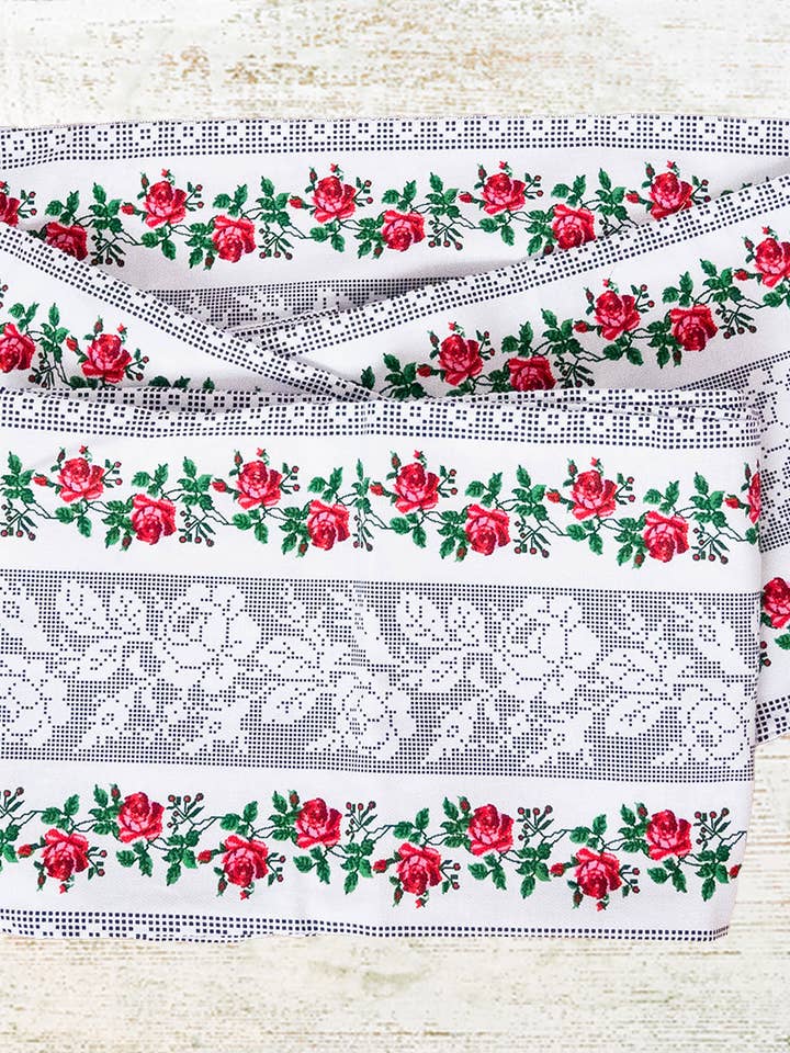 Akai Belt (White&Grey With Red Roses) 100% Cotton for wholesale by OH KIMONO