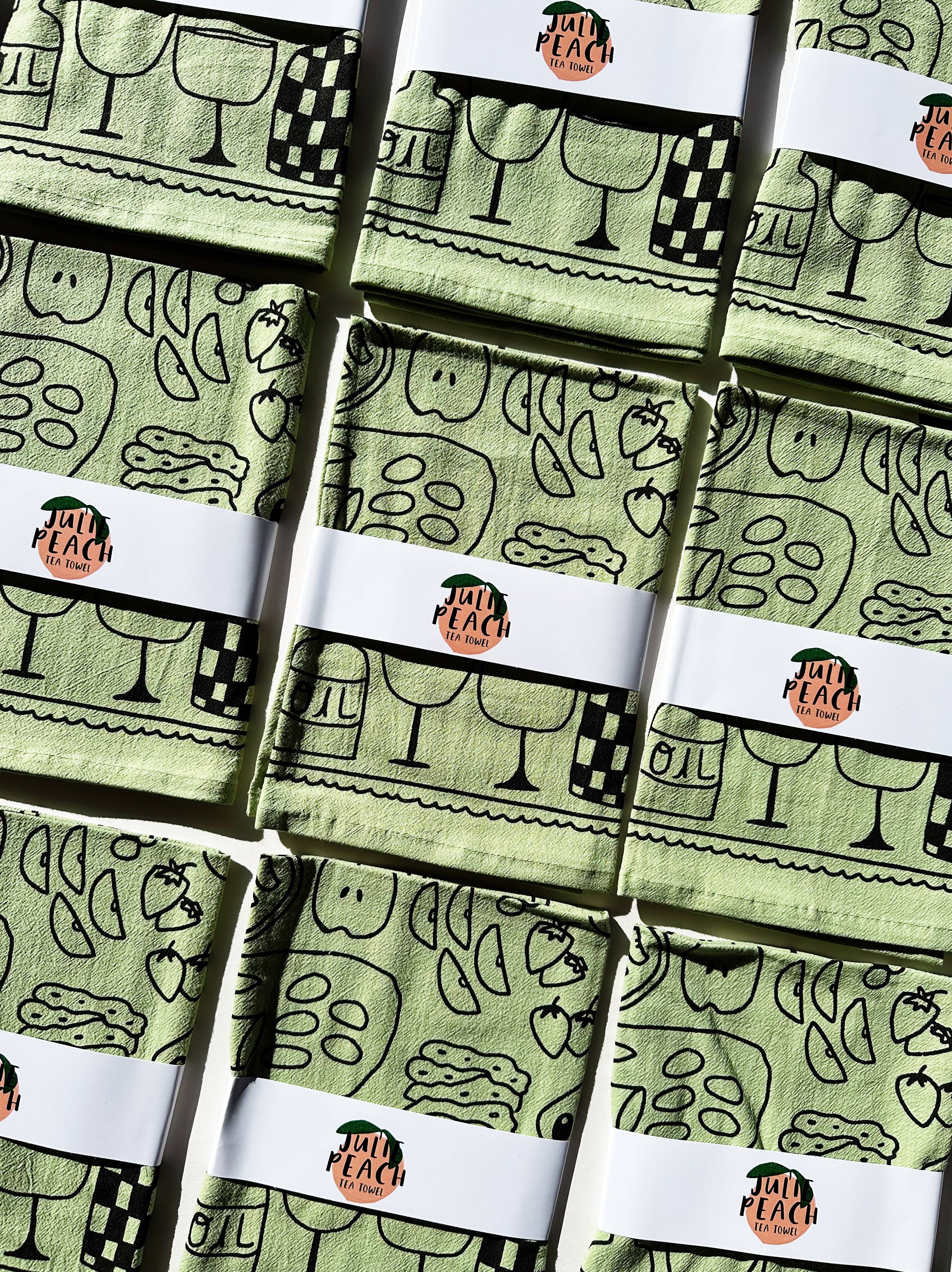 Julie Peach - Wholesale Tea Towel - Picnic on Sage Green Tea Towel - 100% Cotton1