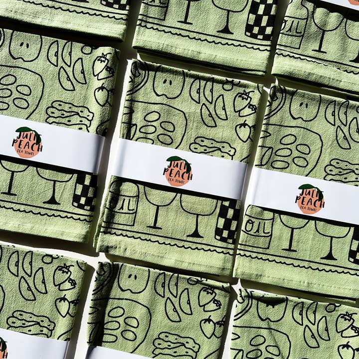 Julie Peach - Wholesale Tea Towel - Picnic on Sage Green Tea Towel - 100% Cotton1