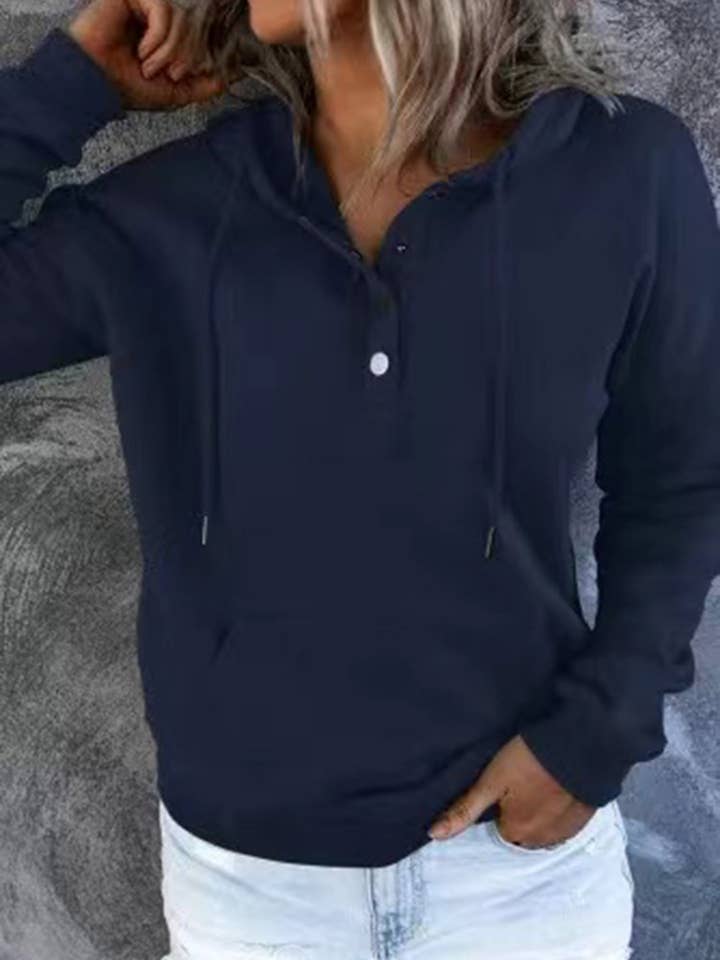 HIDDENBRAND - Wholesale Hoodie - Women's - Large Pockets Half Buttoned Hooded Sweatshirt4