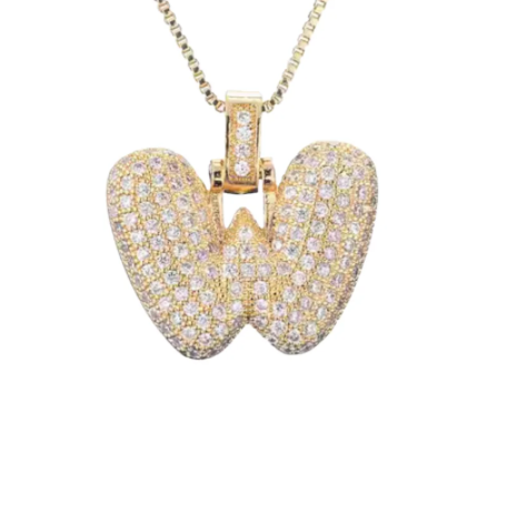 Ouro amarelo Pavé Bubble Letter Iniciais Colar em Aço Ouro 14K para venda a revendedores na Faire23