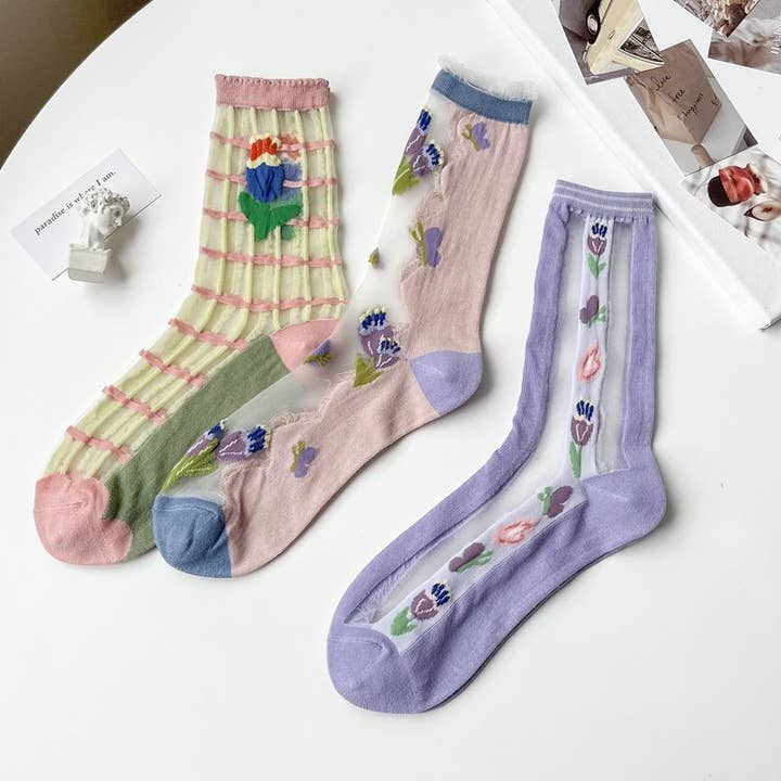 Summer Breathable Mesh Garden Party Floral Thin Socks for wholesale by Tourtiwi