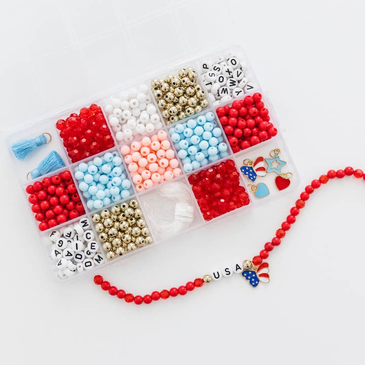 Stars and Stripes Patriotic DIY Stretchy Bracelet Craft Kit for wholesale by Stacked Sweetly