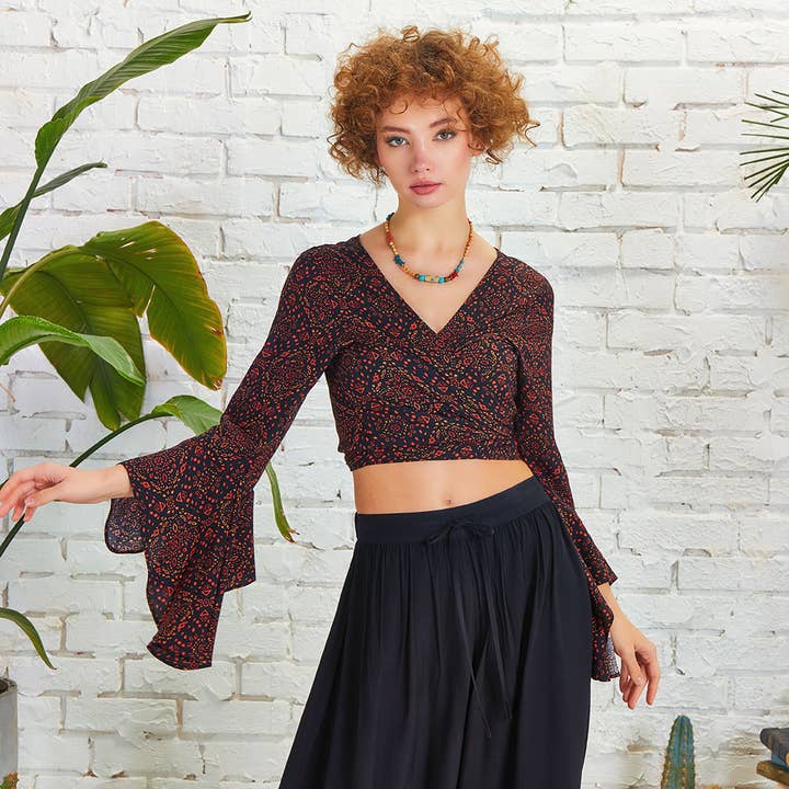 Brown Patterned Gypsy Style Bell Sleeve Crop Top for wholesale by Los Banditos