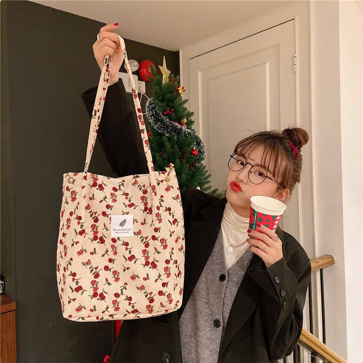 NINEXIS - Wholesale Tote Bag - Women's - CWAB3899_CORDUROY SNAP-BUTTON LARGE-CAPACITY SHOULDER BAG25