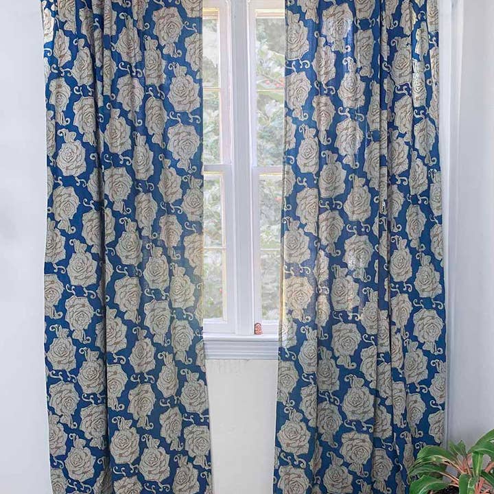 Ichcha - Wholesale Curtain - Light Blue & Gold Window Room Curtains Drapes - Rose Gold
