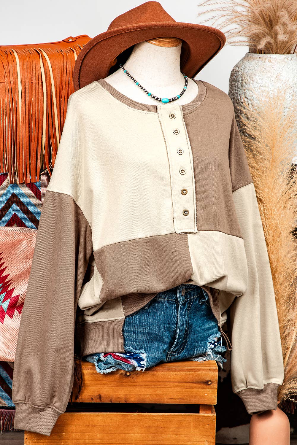 fashionworks - Vente Sweat-shirt – femme - Sweat-shirt oversize haut et bas Henley Colorblock de Fashion-W6