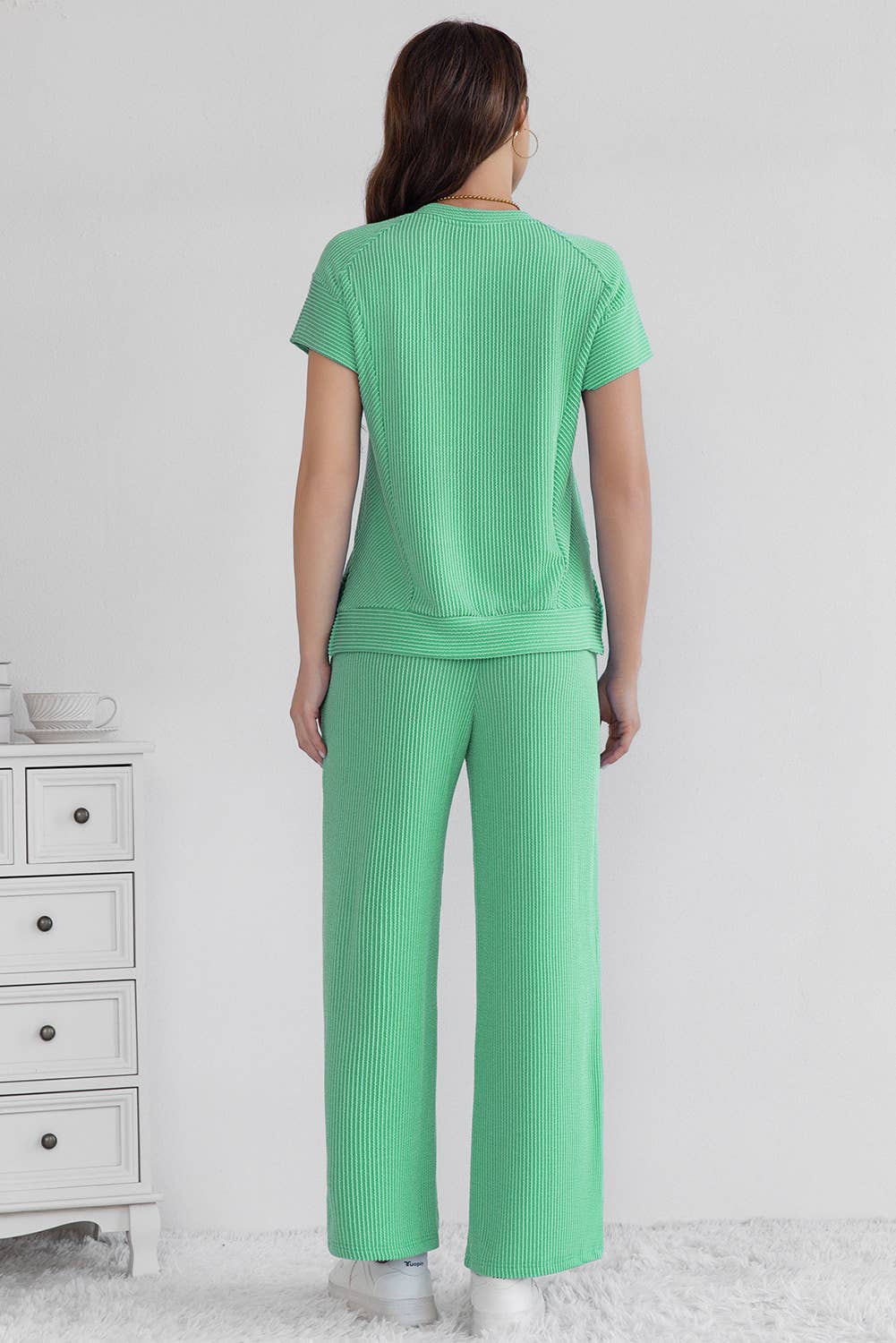 LA Society - Wholesale Lounge Set - Women's - Cable Knit Short Sleeve T Shirt and Wide Leg Pants Set7