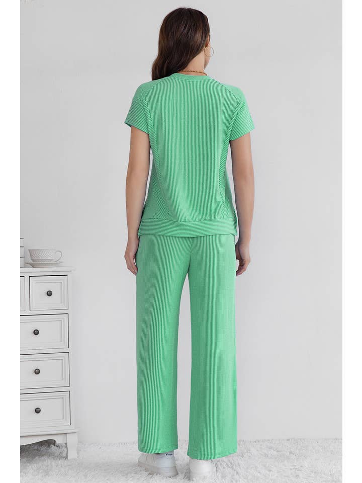 LA Society - Wholesale Lounge Set - Women's - Cable Knit Short Sleeve T Shirt and Wide Leg Pants Set7