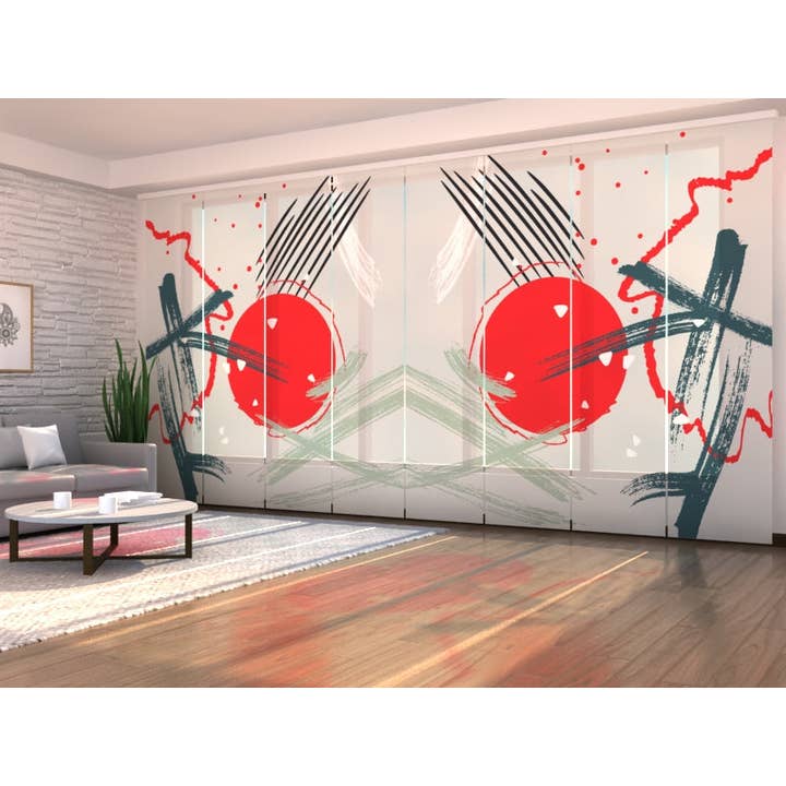 Lot de 8 rideaux à panneaux solaires rouges abstraits chinois pour la vente par IlyDecor