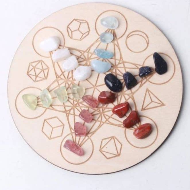 Sacred Sunday – Großhandel Spiritueller Stein/Kristall – Holz-Kristall-Gitterbrett Set / Gitterbrett mit heiliger Geometrie