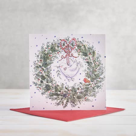 Tarjeta de Felicitación de Navidad con Paloma de la Paz y Corona de Navidad para venta al por mayor de Helen Wiseman Illustration