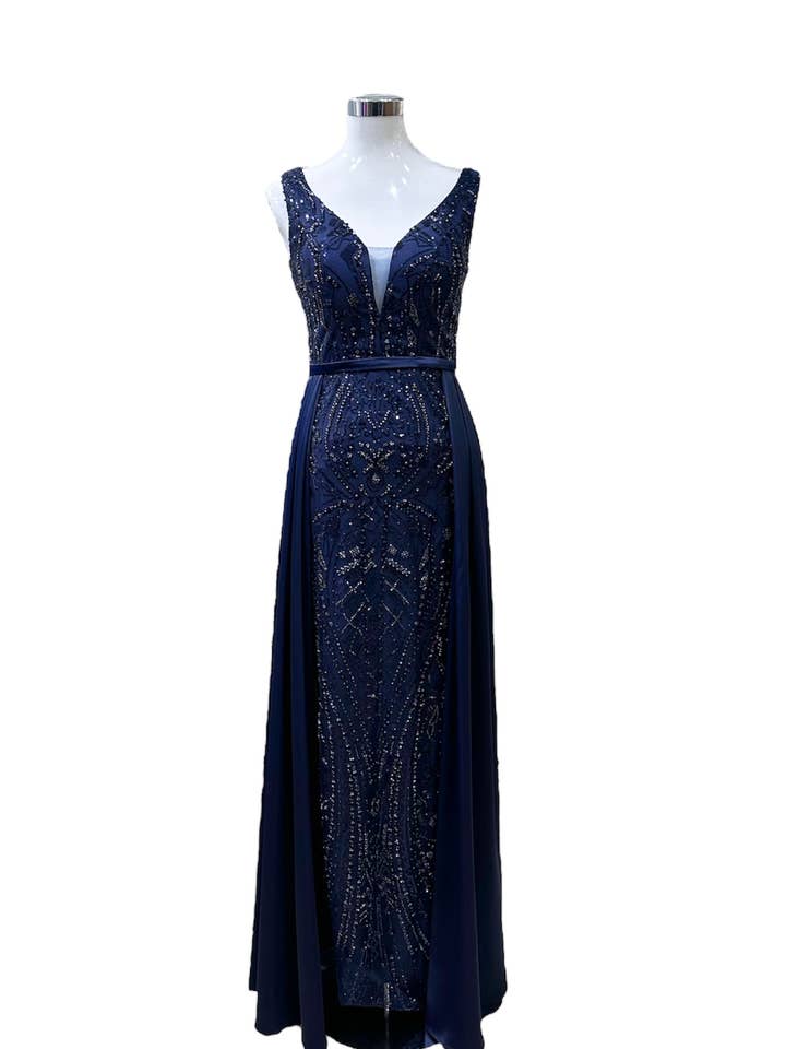 Navy blue high-end evening dress for wholesale by Les Voiliers