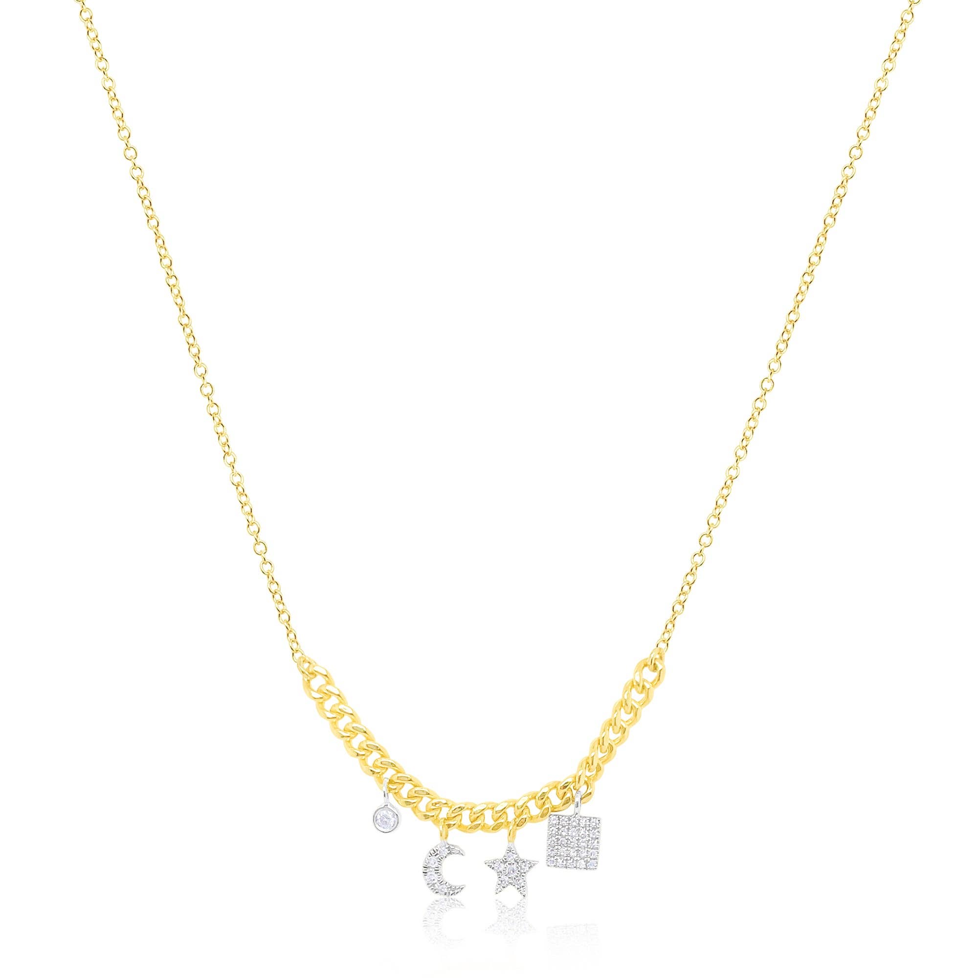 Meira T - Vente Colliers à pendentif - Collier chaîne cubaine avec pendentifs lune et étoile en diamants en or jaune 14 carats0
