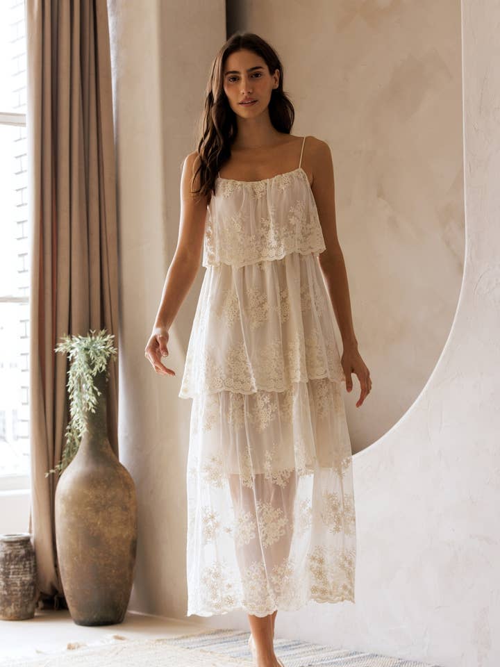 JD10049 - FLORAL TIERED LACE MIDI DRESS for wholesale by STORIA