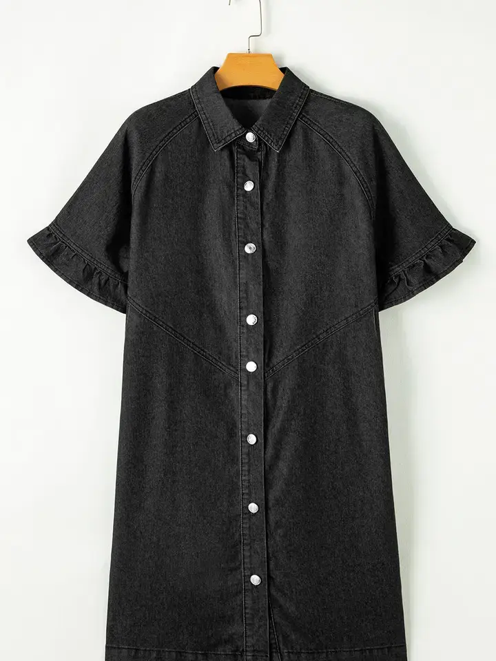 Lovesoft - Wholesale Dress - Women's - Light Blue Frilled Short Sleeve Button Up Loose Denim Shirt Dress1