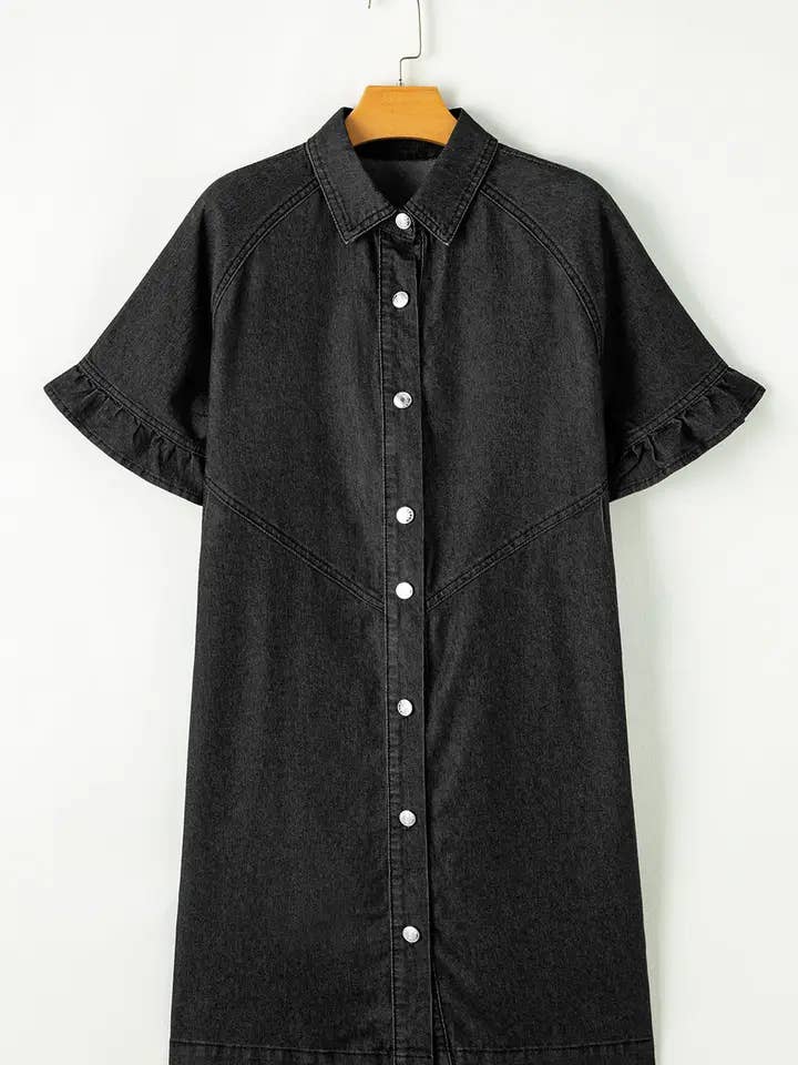 Lovesoft - Wholesale Dress - Women's - Light Blue Frilled Short Sleeve Button Up Loose Denim Shirt Dress1