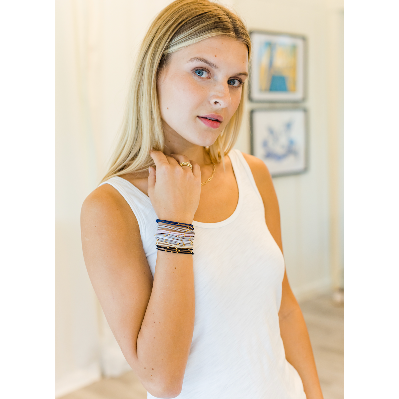 erin gray - Wholesale Hair Tie - 3mm Gold Water Pony Waterproof Bracelet Hair Bands in Light Blue and White(#4)3