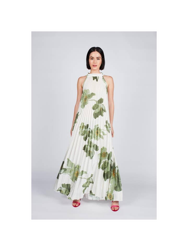 Vestido longo plissado com gola halter e estampa floral por atacado de Dioxide