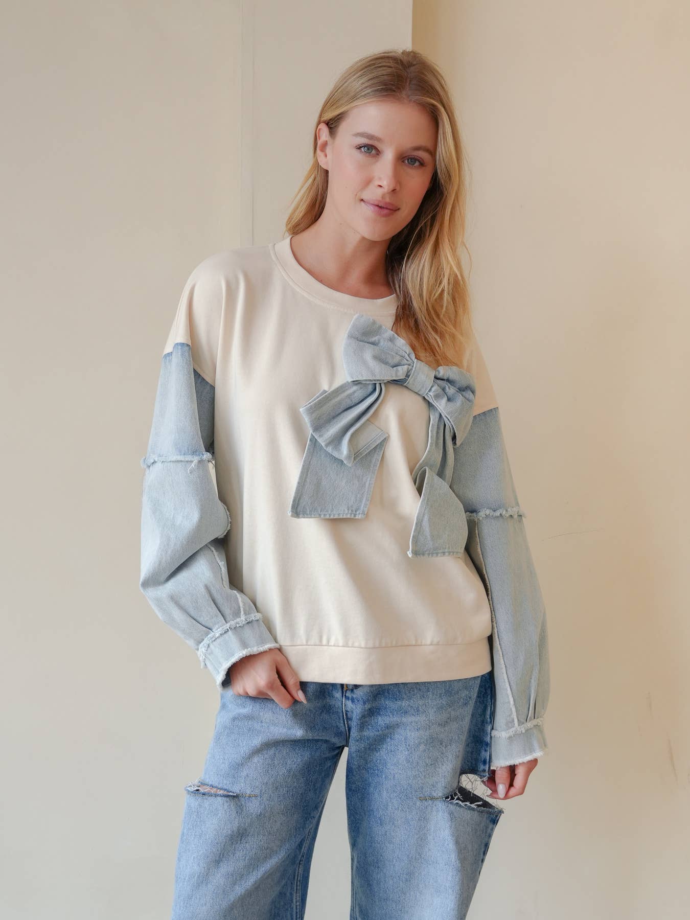 TRENDILITY - Wholesale Sweatshirt - Women's - TR2027-04_Mineral Washed Denim Bow Sweatshirt Top13