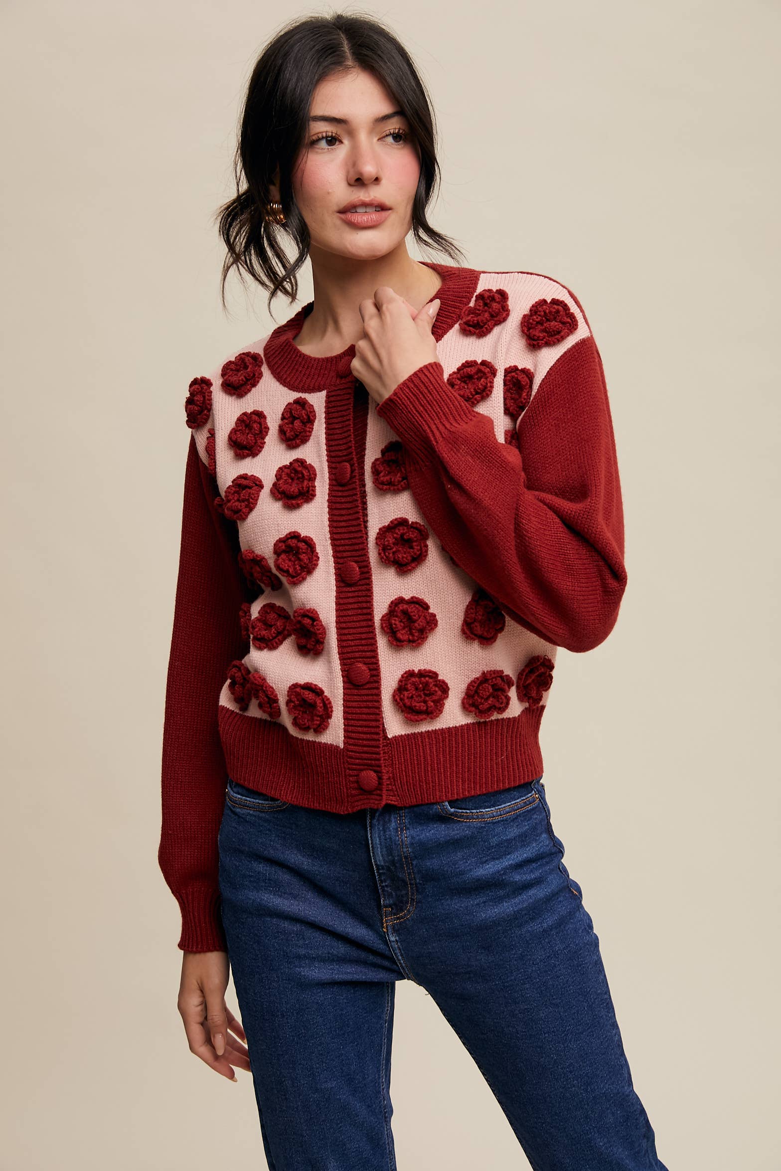Listicle - Wholesale Cardigan - Women's - Handmade Rose Applique Knit Cardigan2