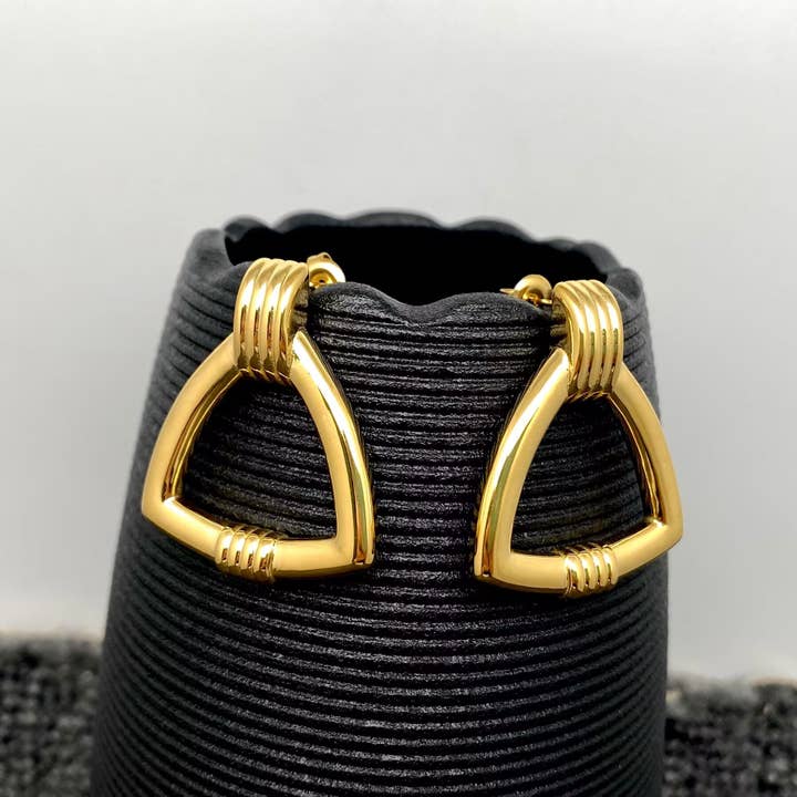 Mio Queena - Wholesale Stud/Post Earrings - Two Tone 18K Gold Plated SS Triangle Post Earrings - FGS1