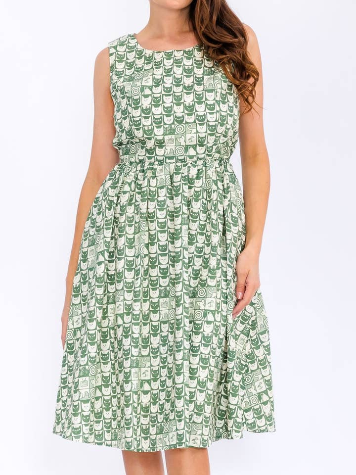 Vestido de línea A con estampado de GATOS de inspiración vintage - EBD607 para venta al por mayor de Tulip.B