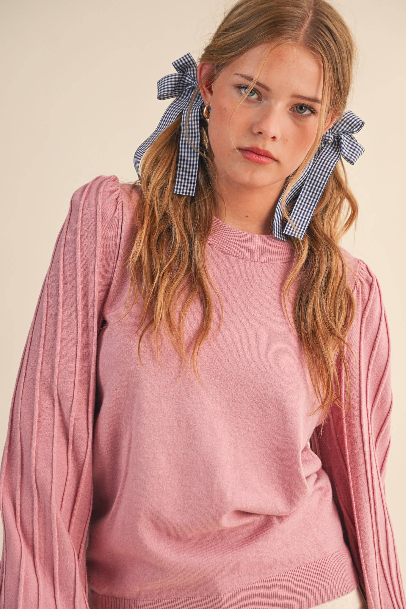 &MERCI - Wholesale Knit Sweater - Women's - STRIPE TEXTURE PUFF SLEEVE SWEATER MSW948544