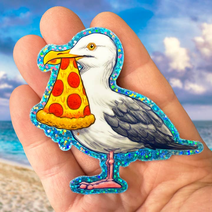 AUTOCOLLANT PAILLETÉ : Mouette Avec Pizza pour la vente par Ryan McCulloch Art