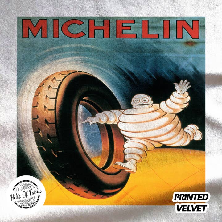 Michelin Running Man With Tyre Blue Printed Fabric Panel for wholesale by Hills Of Fabric