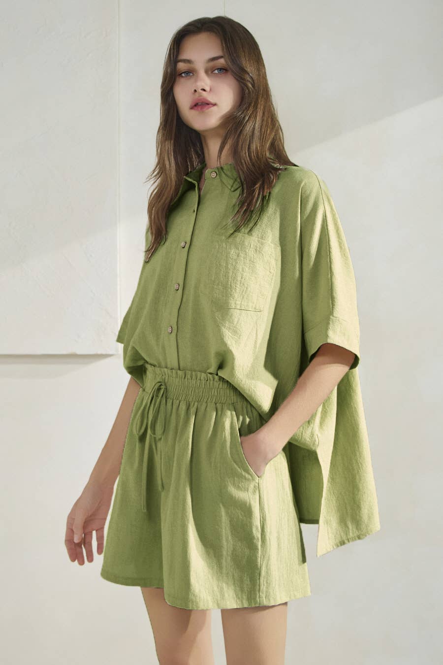Oddi - Wholesale Lounge Set - Women's - Solid Cotton Oversized Shirt And Shorts Set