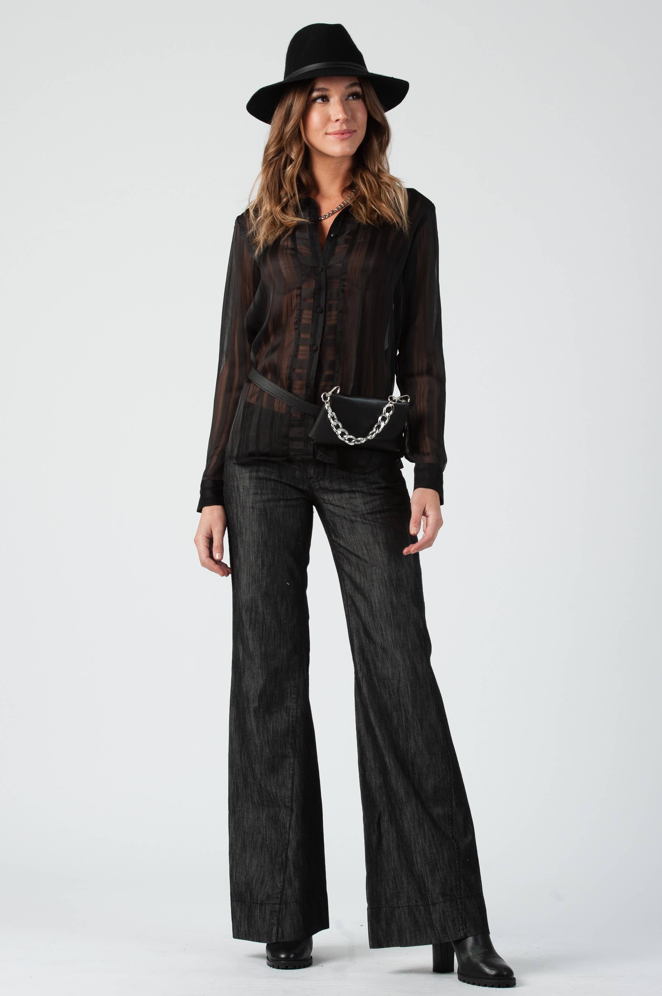 Lucca Couture - Wholesale Blouse - Women's - Sheer Shadow stripe Fuschia Blouse1