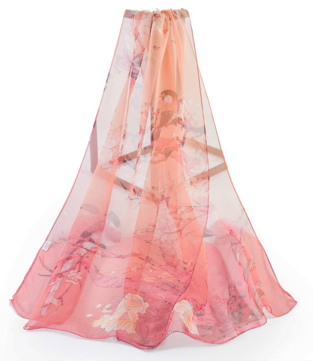 SignareArt - Wholesale Scarf - Women's - SC-Chiffon Bird Blossom Peach | Chiffon Scarf1